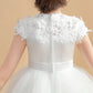 Round Neck Satin Short Sleeves Flower Girl Dresses With Lace Appliques