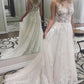 Elegant See Through Sleeveless Tulle Lace Appliques With Train Wedding Dresses