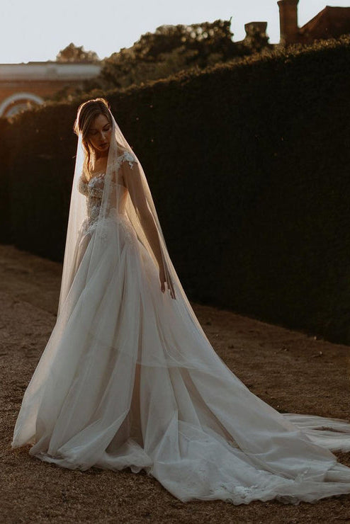 Gorgeous A Line Off the Shoulder Tulle Beach Wedding Dresses with Appliques Custom Color Gorgeous A Line Off the Shoulder Tulle Beach Wedding Dresses with Appliques Custom Color