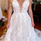 Charming A Line V Neck Tulle Long Wedding Dresses with Lace
