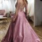 Spaghetti Straps A-line Scoop Sparkle Long Pink Prom Dresses with Pockets