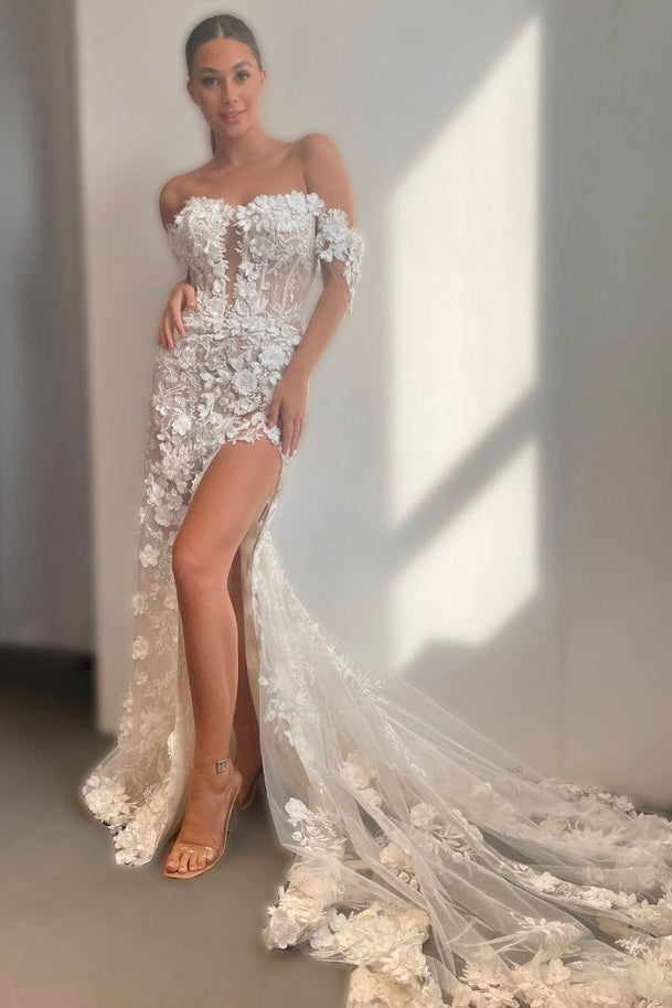 Charming Off the Shoulder Lace Wedding Dresses with 3D Appliques