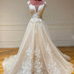 Champagne Sleeveless Round Neck Tulle Lace Long Prom Dresses