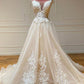 Champagne Sleeveless Round Neck Tulle Lace Long Prom Dress