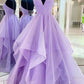 Purple V Neck Sleeveless A Line Tulle Sequin Prom Dress