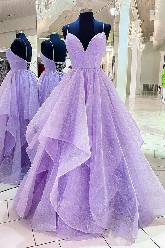 Purple V Neck Sleeveless A Line Tulle Sequin Prom Dress