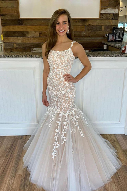 Beautiful Sleeveless Tulle Lace Appliques Mermaid Long Prom Dress