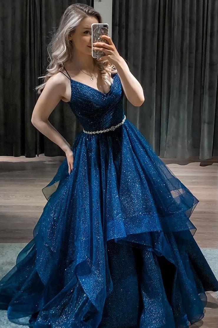Dark Blue Sleeveless A Line Sequin Long Prom Dress