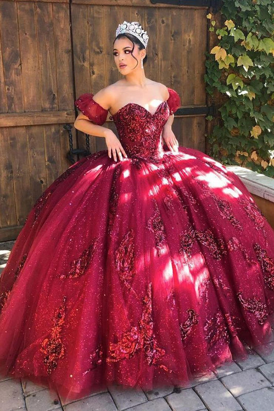 Burgundy Off Shoulder Tulle Lace Long Prom Dress Sweet 16 Dress