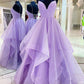 Purple V Neck Sleeveless A Line Tulle Sequin Prom Dresses