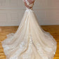 Champagne Sleeveless Round Neck Tulle Lace Long Prom Dresses