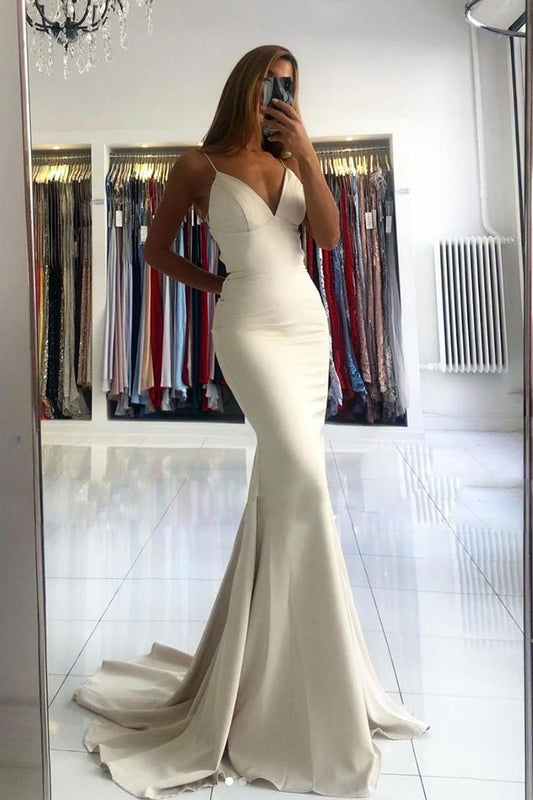 Simple Ivory V Neck Satin Mermaid Long Prom Dress