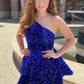 Cute Royal Blue One Shoulder A Line Sequins Short Homecoming Dresses with Pockets
