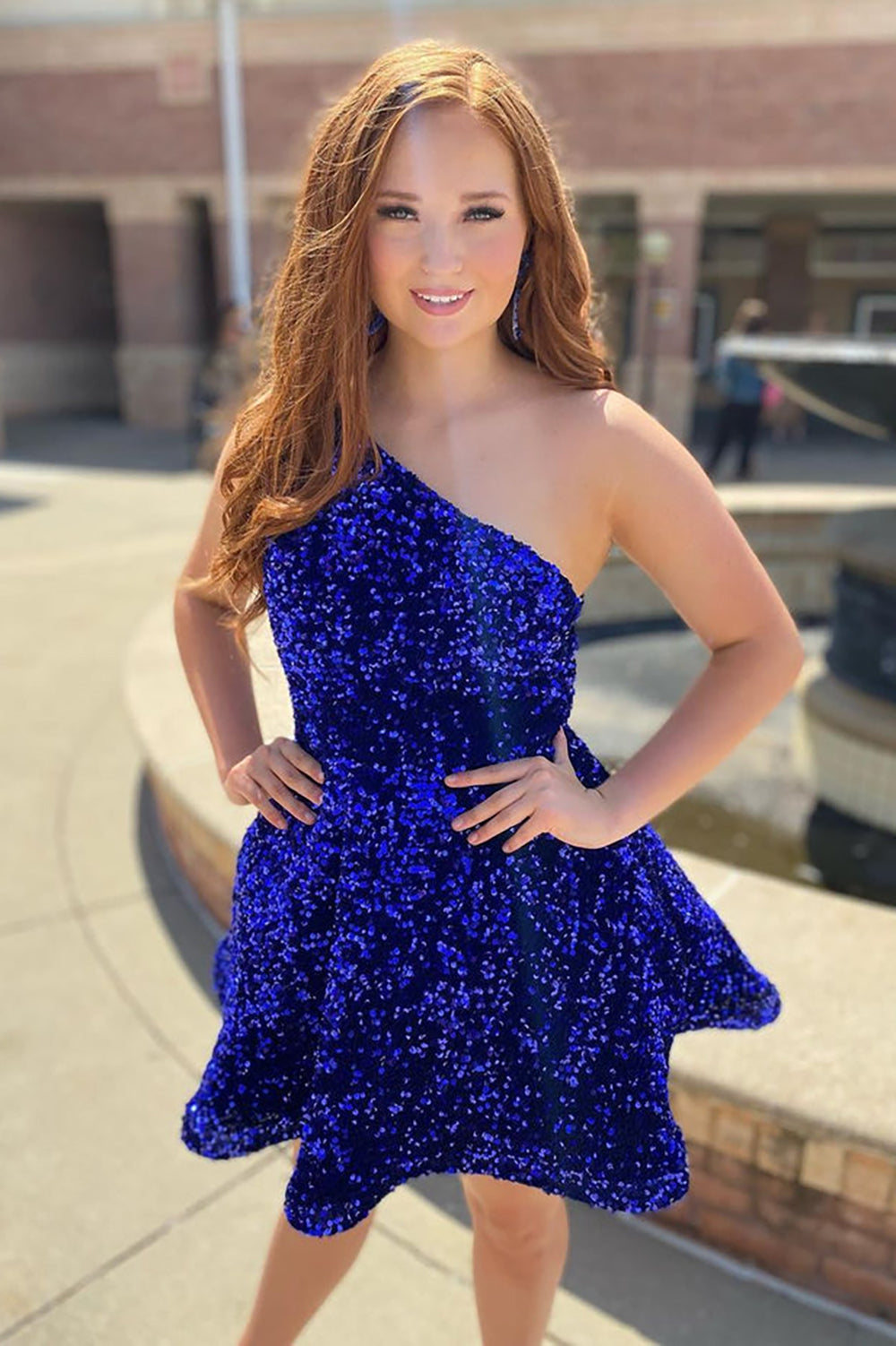Cute Royal Blue One Shoulder A Line Sequins Short Homecoming Dresses with Pockets Cute Royal Blue One Shoulder A Line Sequins Short Homecoming Dresses with Pockets