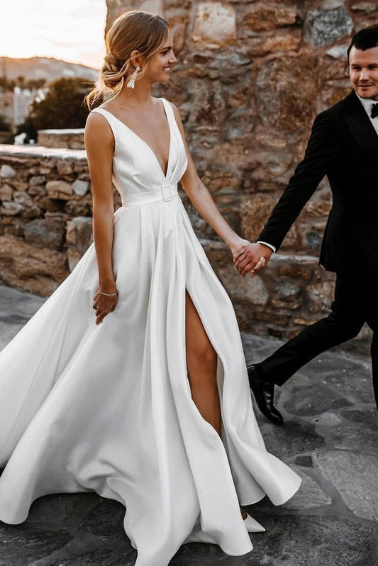 Fashion A Line V Neck Satin Wedding Dresses with Slit