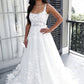 Charming A Line Square Neck Tulle Long Wedding Dresses with Lace