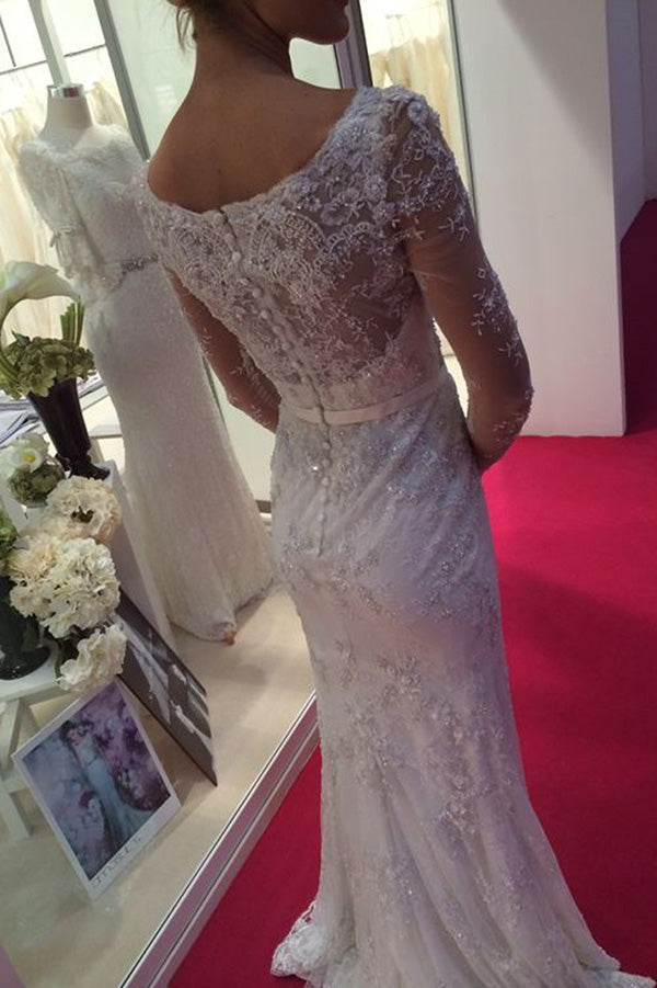 Delicate Round Neck Lace Appliques Long Sleeves With Beading Wedding Dresses