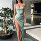 Green Spaghetti Straps Mermaid Prom Dress With High Slit