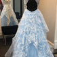 Elegant Light Blue A-Line Sweetheart Open Back Appliques Long Prom Dresses