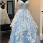 Elegant Light Blue A-Line Sweetheart Open Back Appliques Long Prom Dresses