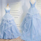 Sweetheart Baby Blue Organza V Neck Ruffles Appliques Prom Dresses