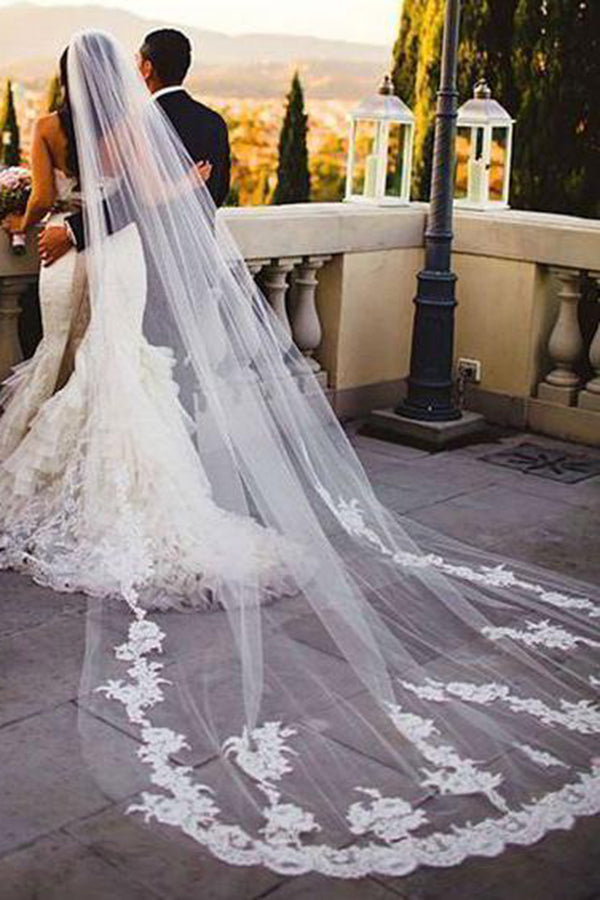 Charming Tulle Lace Appliques Long Wedding Veils