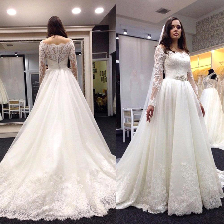 Elegant Long Sleeves Off The Shoulder Tulle Lace Appliques With Trailing Wedding Dresses