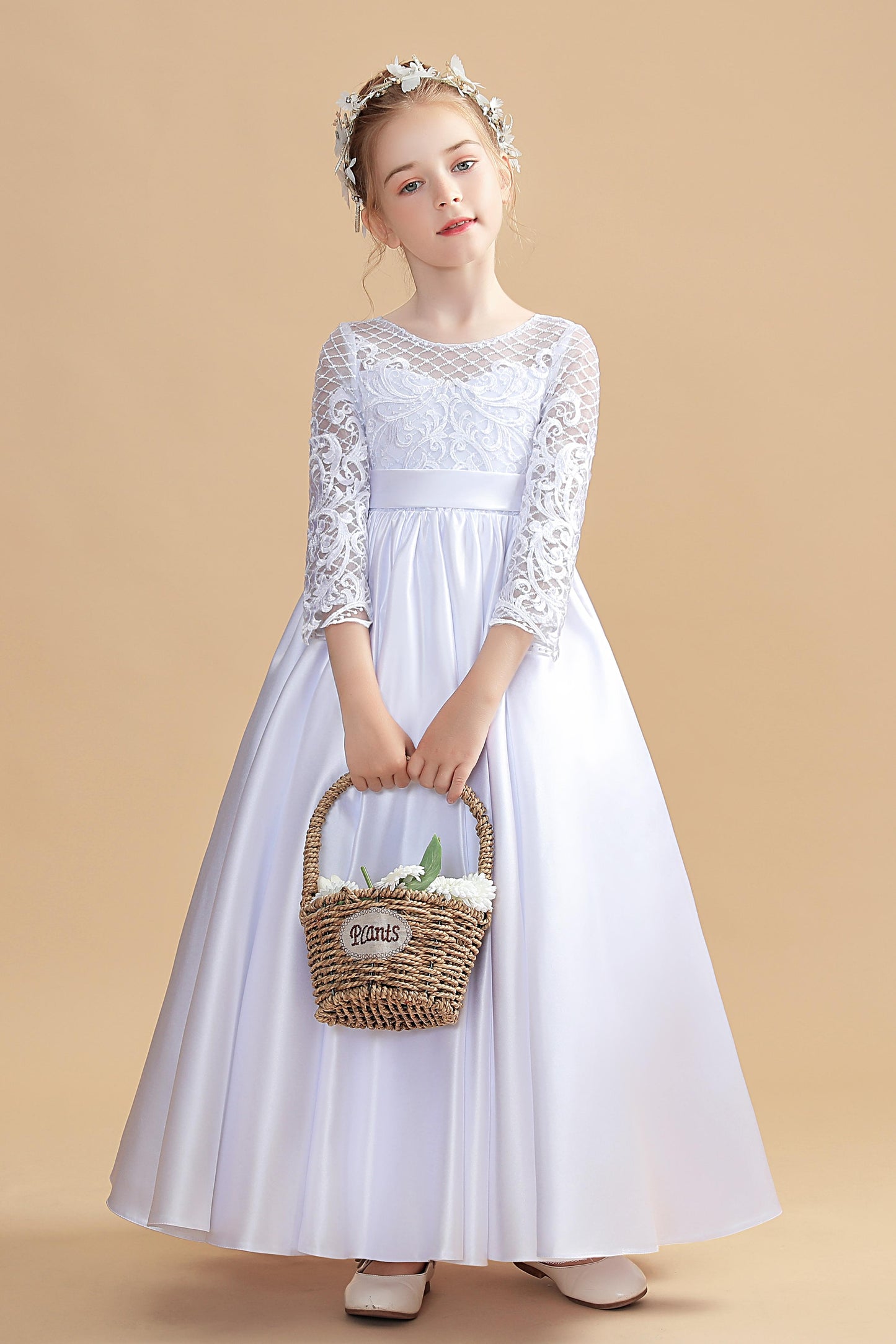Round Neck White Satin Long Sleeves Flower Girl Dresses With Bowknot