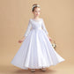 Round Neck White Satin Long Sleeves Flower Girl Dresses With Bowknot