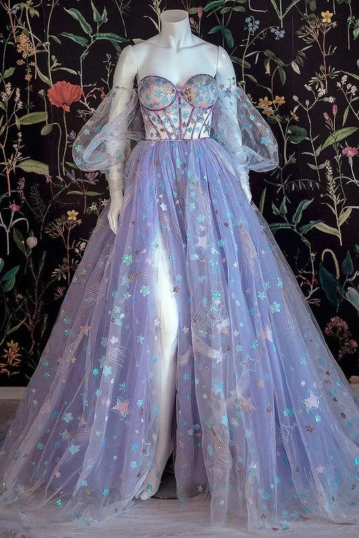 Light Purple A-line Tulle Floral Off Shoulder Sweetheart Evening Prom