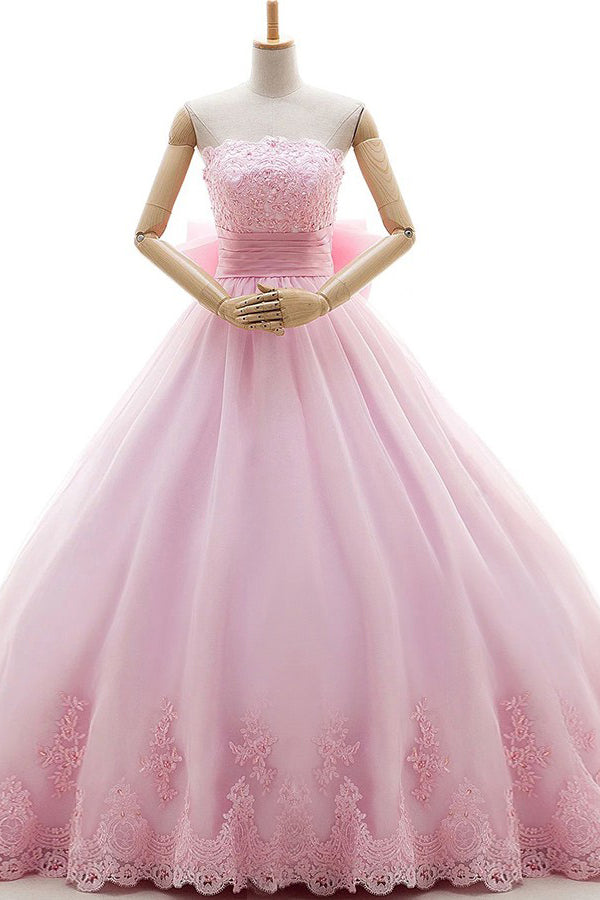 Pink Tulle Strapless With Bowknot Sleeveless Appliques Ball Gown Wedding Dresses