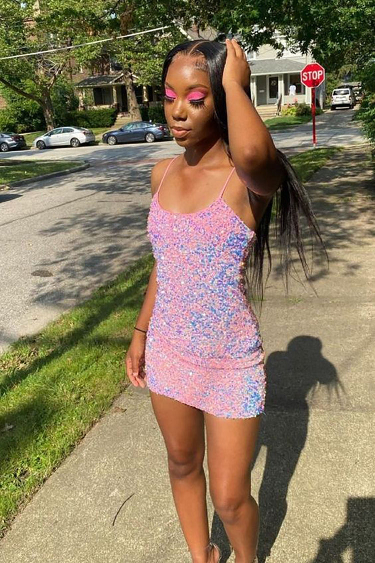 Hot Pink Sequins Sheath Spaghetti Straps Short Homecoming Dresses, PH459