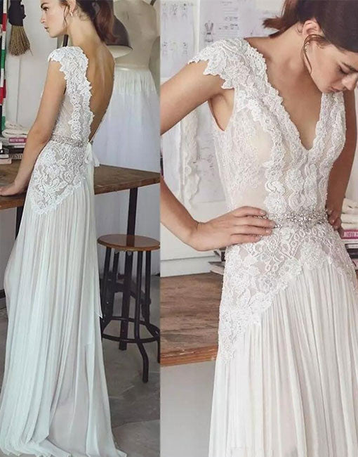 Simple Open Back With Lace Appliques Floor Length Wedding Dresses