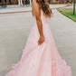 A Line Pink 3D Flowers Formal Evening Dresses Tulle Long Prom Dresses with Straps