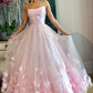 A Line Pink 3D Flowers Formal Evening Dresses Tulle Long Prom Dresses with Straps