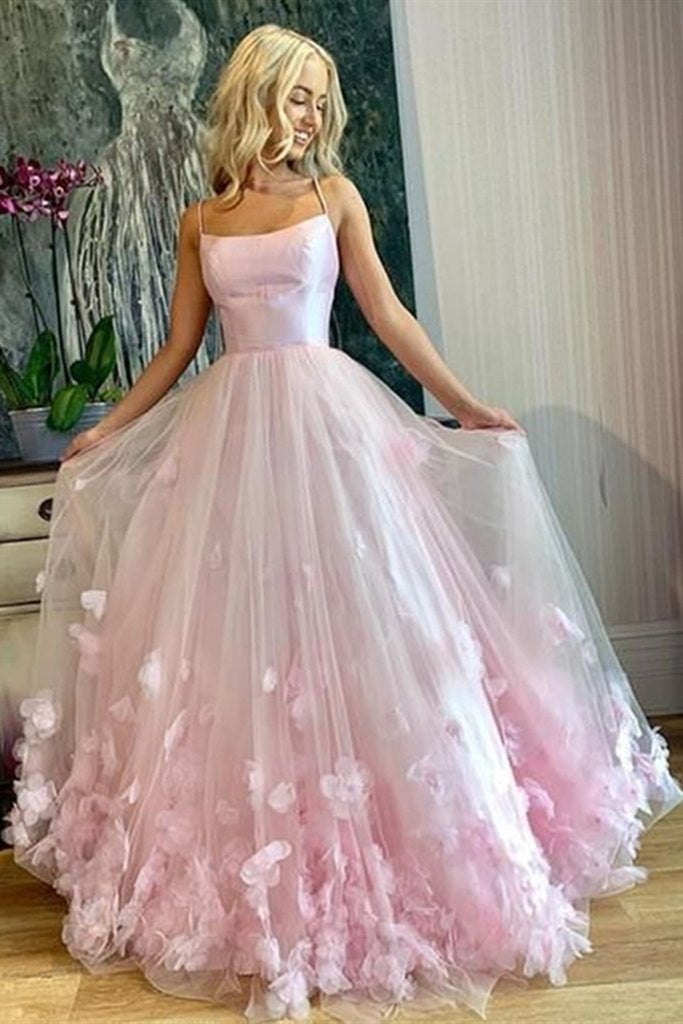 A Line Pink 3D Flowers Formal Evening Dresses Tulle Long Prom Dresses with Straps
