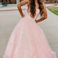 A Line Pink 3D Flowers Formal Evening Dresses Tulle Long Prom Dresses with Straps