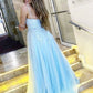Light Blue Lace Appliques A-Line V-Neck Spaghrtti Straps Formal Evening Dresses Long Prom Dresses