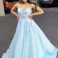 Light Blue Lace Appliques A-Line V-Neck Spaghrtti Straps Formal Evening Dresses Long Prom Dresses