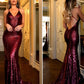Modest Burgundy Mermaid Sequins Backless Long Prom Dresses