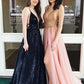 Sparkly Black Sleeveless Straps Sequins Tulle Long Prom Dresses