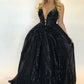 Sparkly Black Sleeveless Straps Sequins Tulle Long Prom Dress