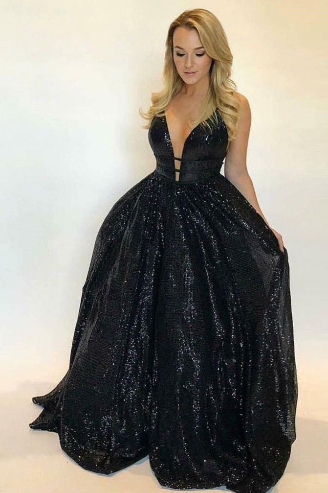 Sparkly Black Sleeveless Straps Sequins Tulle Long Prom Dress
