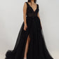 Burgundy V Neck Tulle A-line Beaded Long Prom Dresses