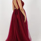 Burgundy V Neck Tulle A-line Beaded Long Prom Dresses