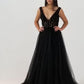 Burgundy V Neck Tulle A-line Beaded Long Prom Dresses