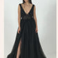 Burgundy V Neck Tulle A-line Beaded Long Prom Dresses