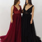 Burgundy V Neck Tulle A-line Beaded Long Prom Dresses