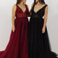 Burgundy V Neck Tulle A-line Beaded Long Prom Dress