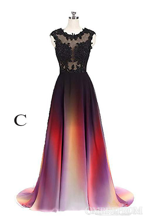 Simple Round Neck Lace Appliques Ombre Prom Dresses